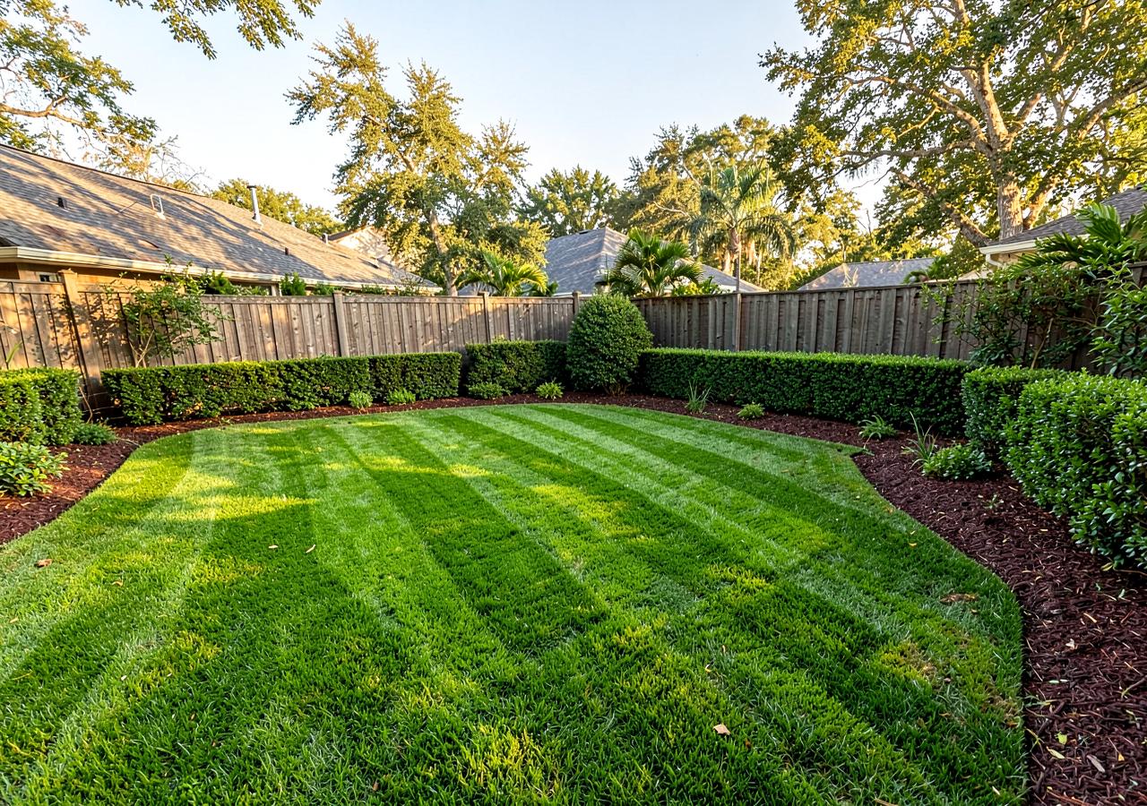Backyard after GreenLine landscaping — striped emerald lawn and trimmed hedges